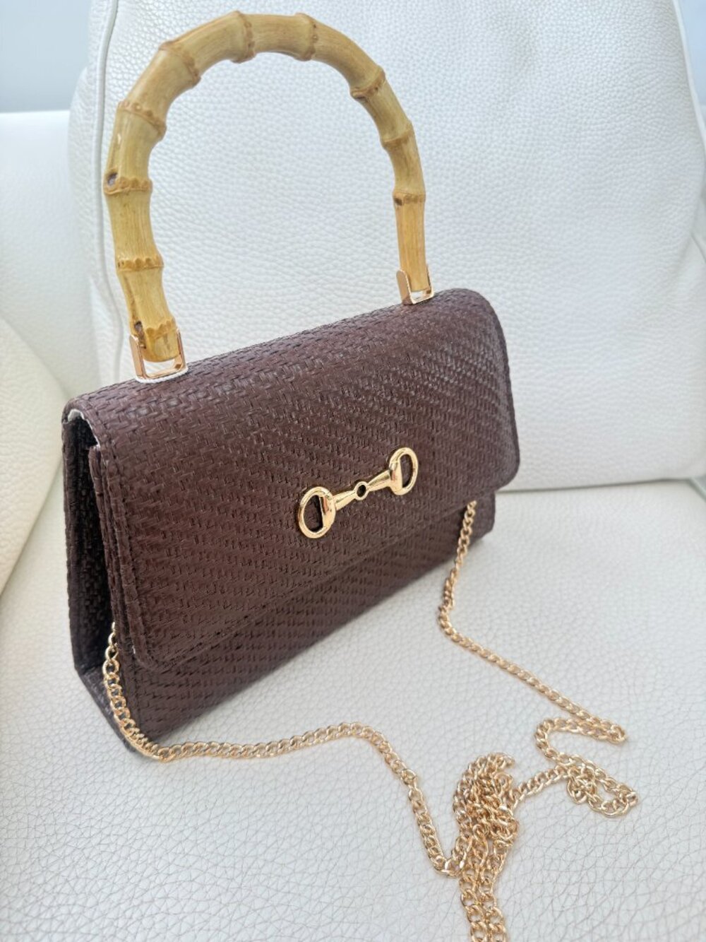 NWT Tommy Bahama Woven Raffia Bamboo Handle Satchel Crossbody bag brown - Picture 6 of 6